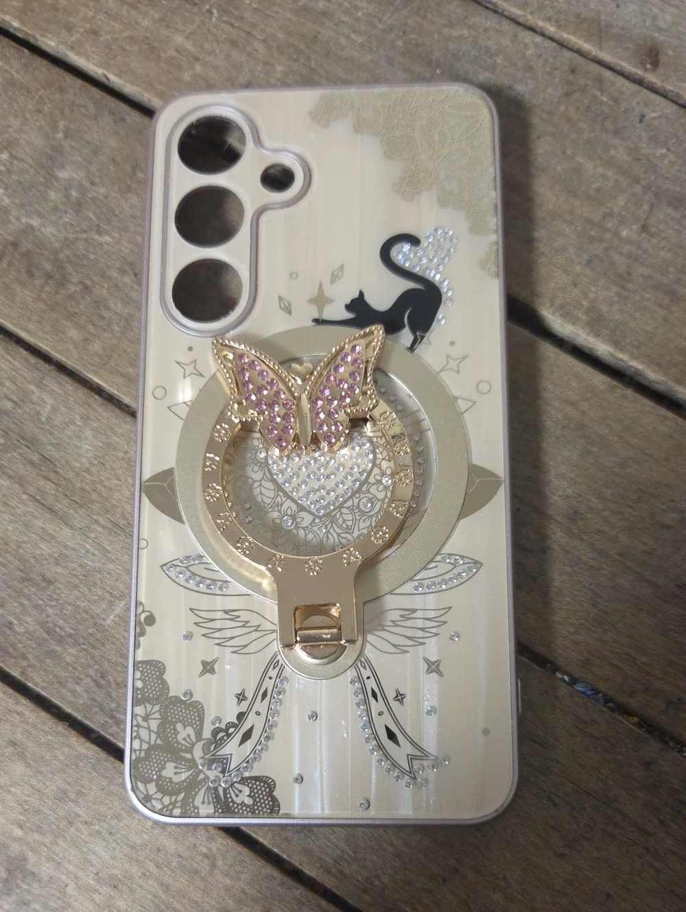Decorative Beige S25 Phone Case with Gold Butterfly Ring Holder